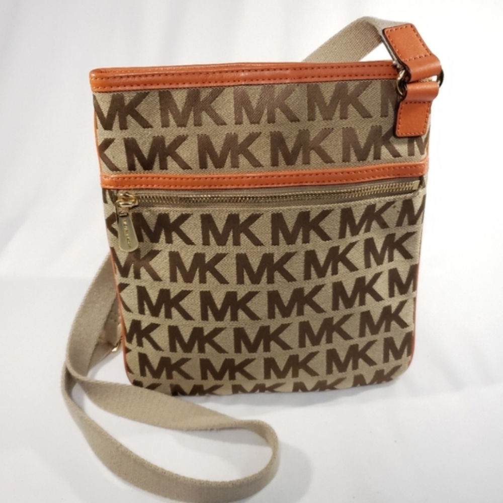 MK Orange Trim, Tan & Brown Canvas Crossbody Bag